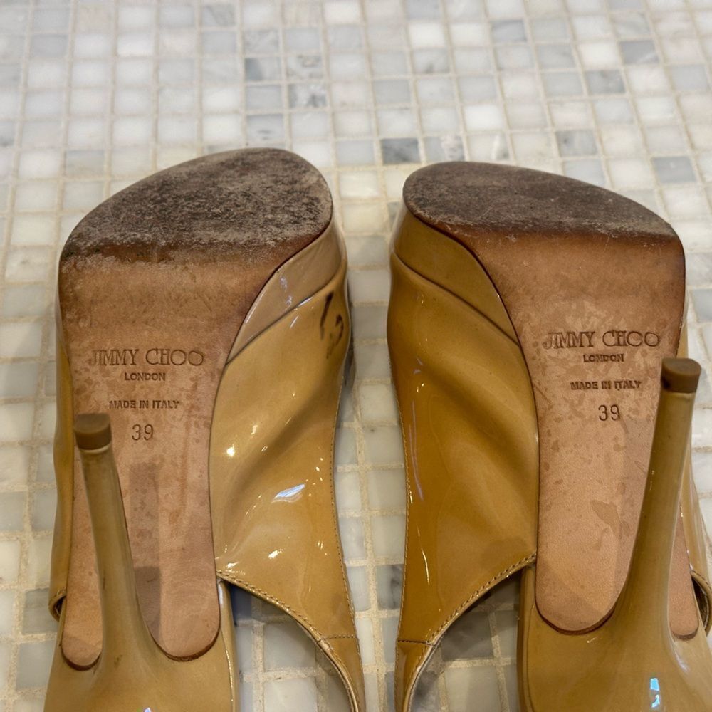 Jimmy Choo Women Peep Toe Nude Patent Leather Platform Slingback Heels - Picture 11 of 14